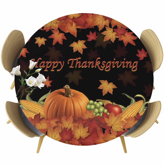 Fall Maple Leaves Round Tablecloth, Fitted Table Cover with Elastic for 55"-60" Round Tables, Happy Thanksgiving Pumpkins Autumn Black Table Cloth Outdoor Indoor Dinning Party Waterproof Tablecloths