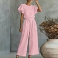 thumbnail image 4 of Dvprdro Crewneck Ruffle Sleeve Top and High Waist Wide Leg Pants Set for Women Elastic Waist Summer Casual, 4 of 7