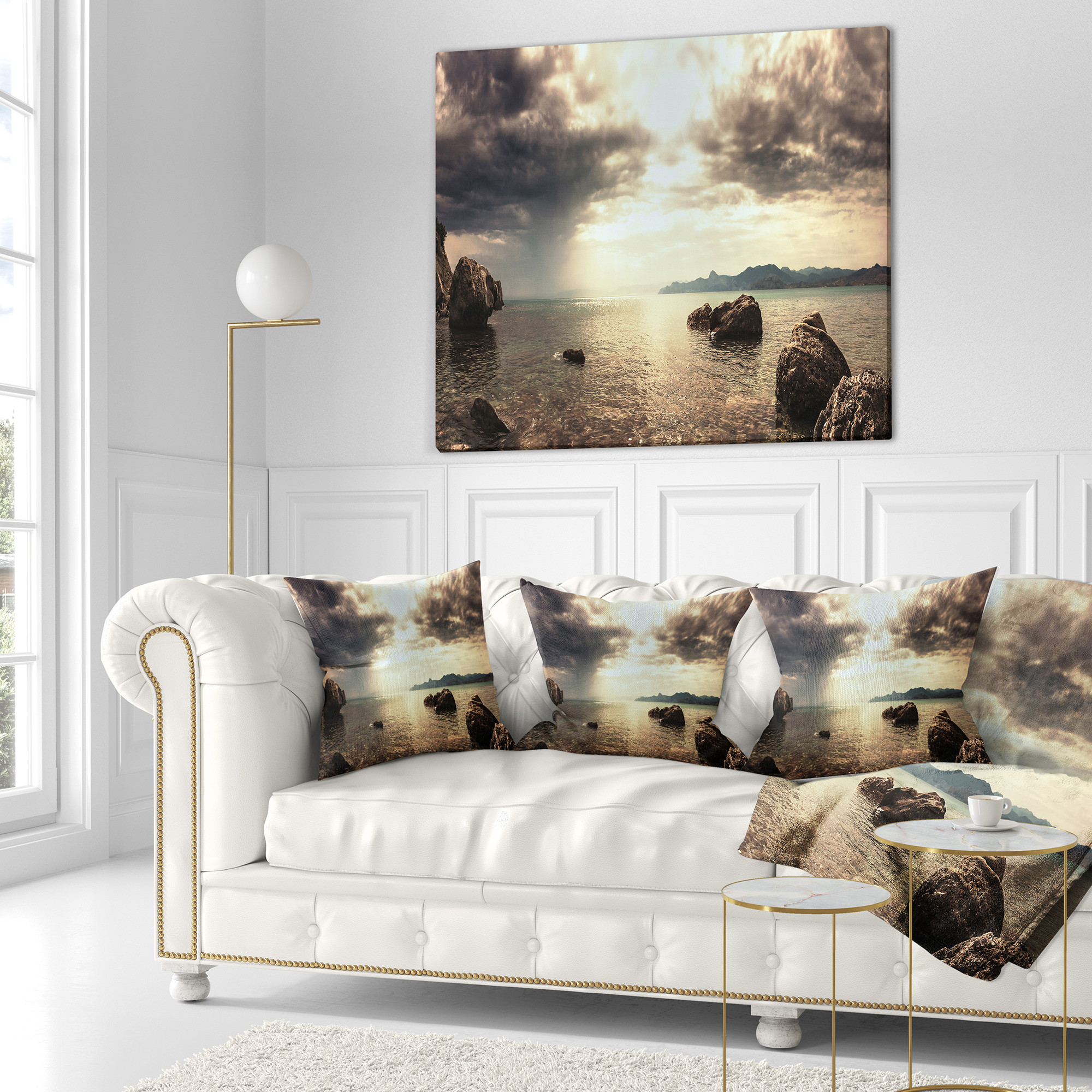 Designart Rocky Seashore under Clouds Panorama - Modern Beach Throw Pillow - 18x18