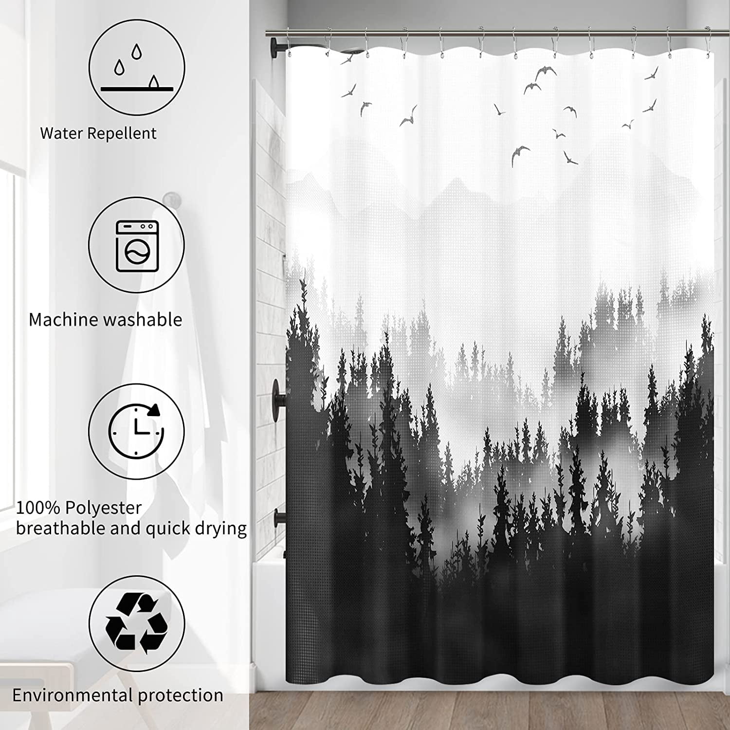 Shower Curtain Black Forest Shower Curtain Set Mountain Tree Shower Curtains for Bathroom Waffle Ombre Plant Bath Curtains Bathroom Decor Water Repellent Washable Machine, 72x72 Inches