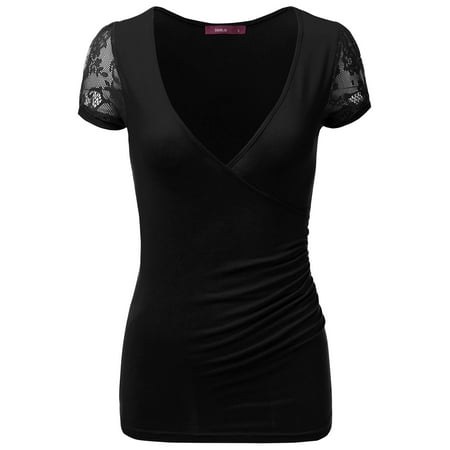 Black Lace Top Blouse Doublju Womens Deep V-Neck Surplice Wrap Lace Short Sleeve Blouse Top With Plus Size BLACK 2XL ()