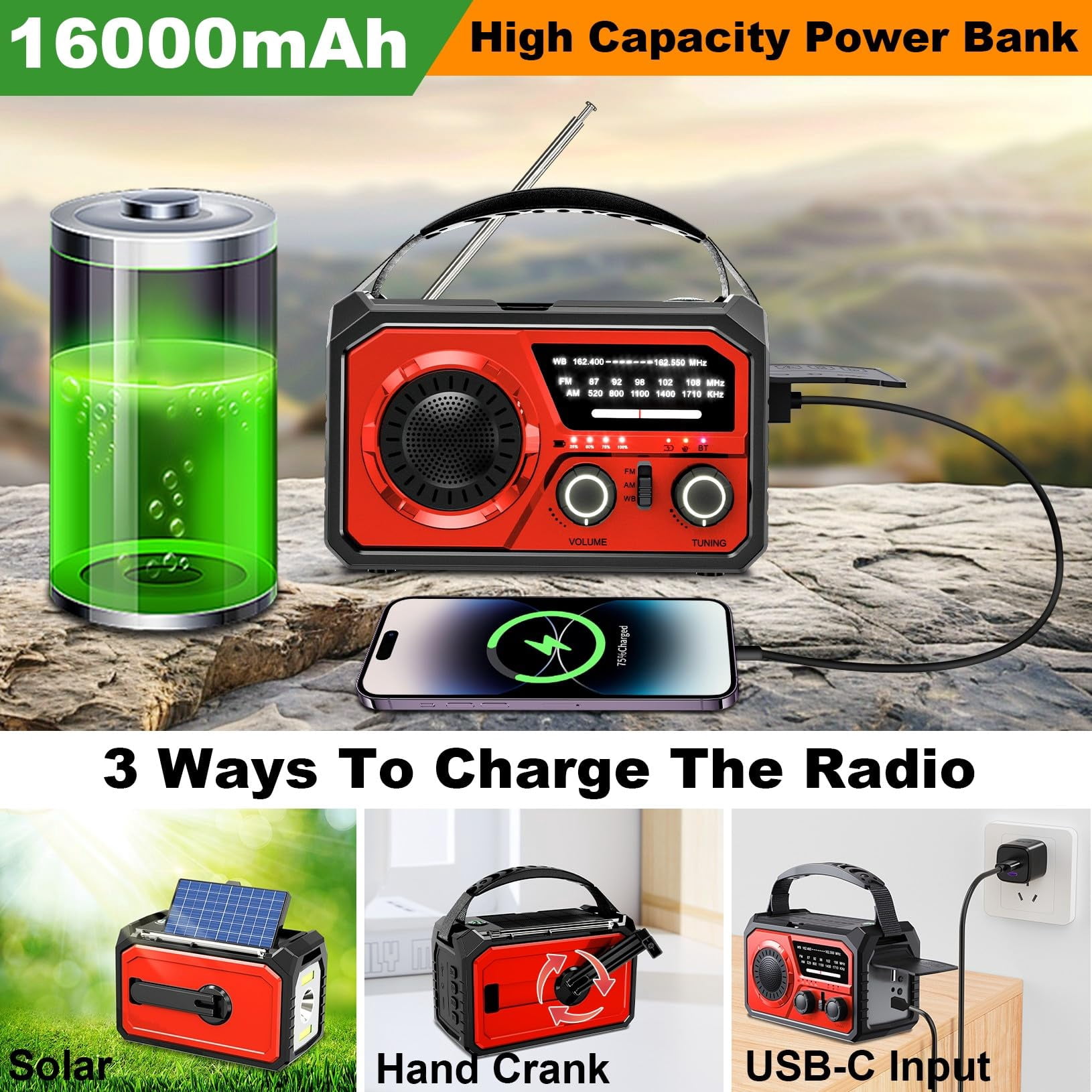 16000mah Hand Crank Emergency Weather Radio With Wireless  59200mwh Noaa Am Fm Solar Flashlight Cell Phone Reading Lamp Compass Sos For Camping And (red)