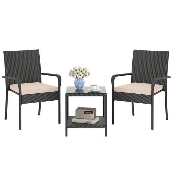 Gymax 3 Piece Patio Furniture Set Outdoor Wicker Chair & Table Set w/ Seat Cushions Beige