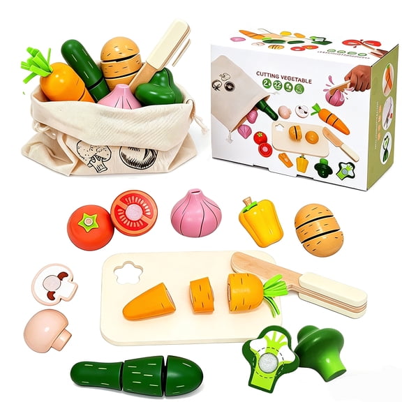 Adofi 11PCS Wooden Play Food Set for Kids, Pretend Food Play Kitchen Accessories with Storage Bag, Pretend Vegetables Cutting Set for Boys Girls, Birthday Gifts for Toddlers 3-5 Girls Boys