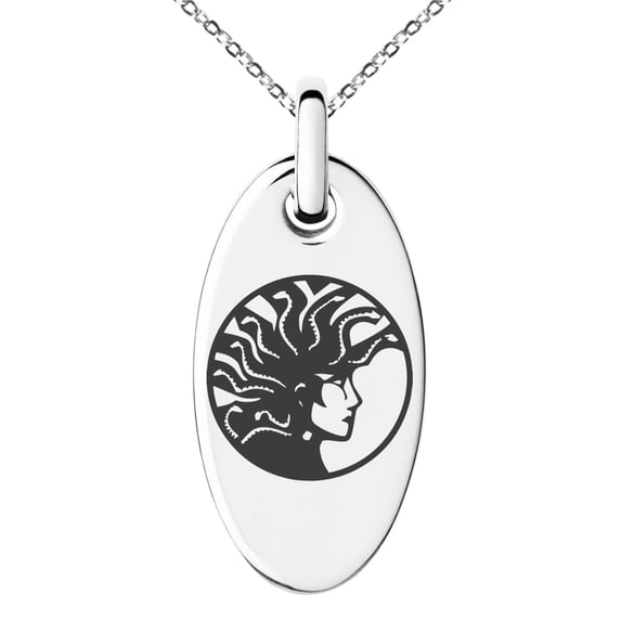 Stainless Steel Greek Mythology Medusa Engraved Small Oval Charm Pendant Necklace