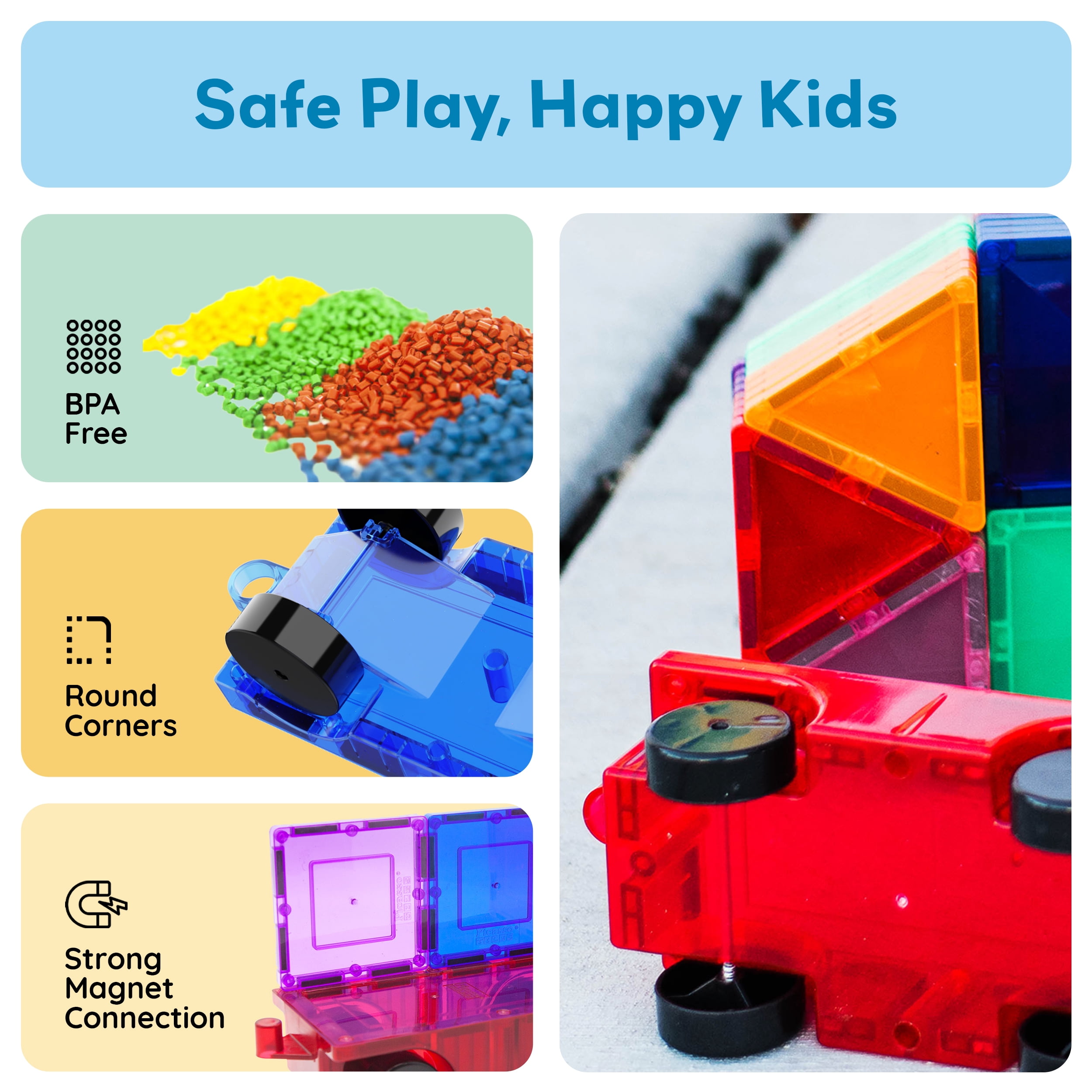 PicassoTiles 4PC Magnetic Tiles Car Truck Base Construction Building Toy , Educational STEM Building Kits for Kids