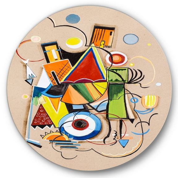 Designart 'Abstract Compositions Of Colored Geometric I' Modern Circle Metal Wall Art 36x36 - Disc of 36