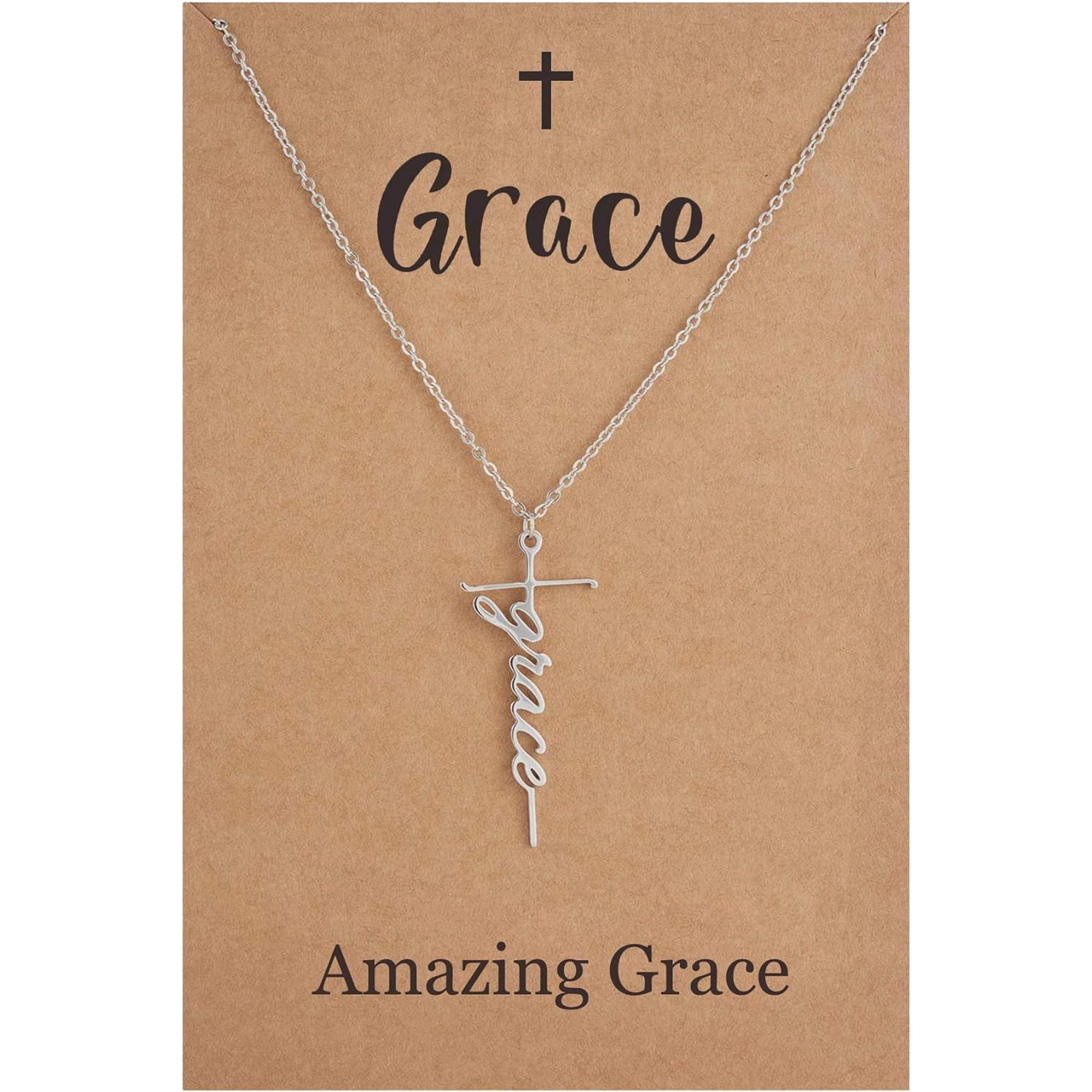 Grace Cross Pendant Necklace, Silver Tone Faith Inspirational Letter Cross Necklace for Women Religious Jewelry Gift