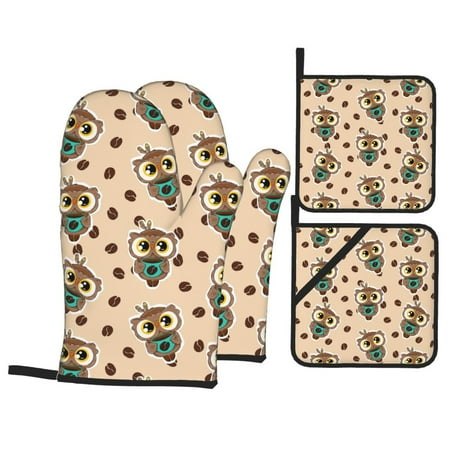 

Oven Mitts and Pot Holders Sets 4 pcs Cute Coffee Owls Non-Slip Oven Gloves Potholders Soft Quilted Lining Heat Resistant Gloves Hot Pads for Kitchen Cooking Baking
