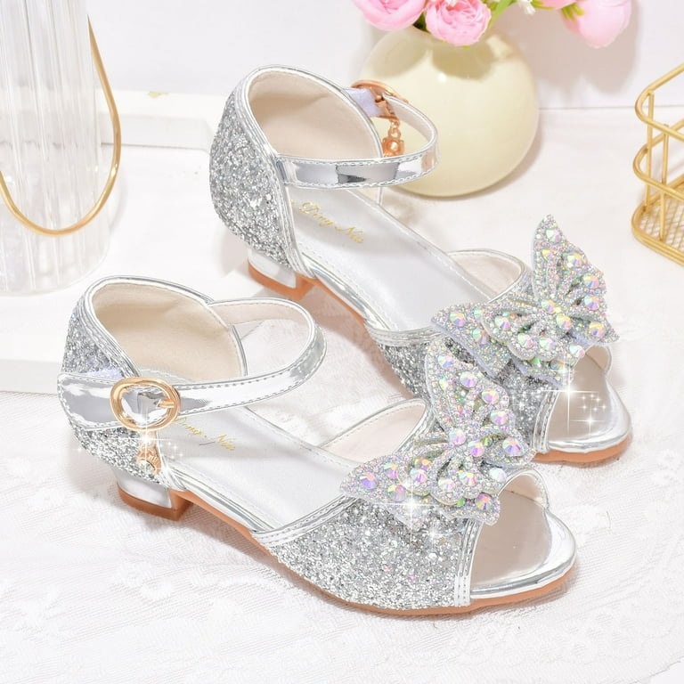 VTASQ Meisjes Sandalen Glitter Prinses Schoenen Aankleden Bling Bowknot Flats Comfort Mary Jane Dansfeest Cosplay Schoen voor Kleine Meisjes, Zilver, 9.5 UK Child