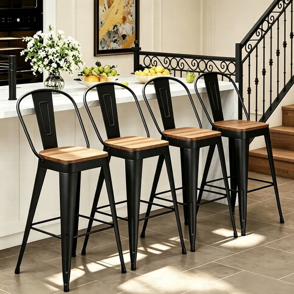 Andeworld 24'' Stackable Metal Bar Stools Set of 4 with High Backs, Black Bar Height Bar Chairs, Industrial and Modern Style, Indoor & Outdoor Use, for Kitchen, Dining Room, Bar, Cafe, Patio