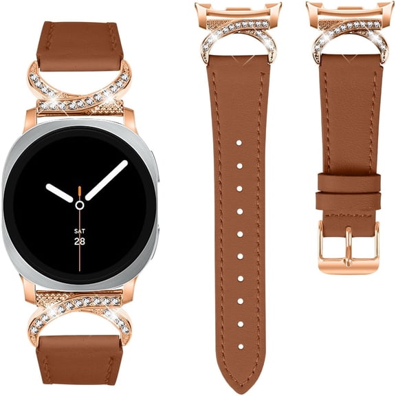 MYKOMI Dressy Leather Bands Compatible with Samsung Galaxy Watch 9 Band 40mm 44mm | Women Girls Elegant Leather Strap with Rhinestone Metal Buckle Replacement Wristband Smart Watch Accessory
