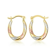 14K Tri Color Gold Striped Oval Hoop Earrings