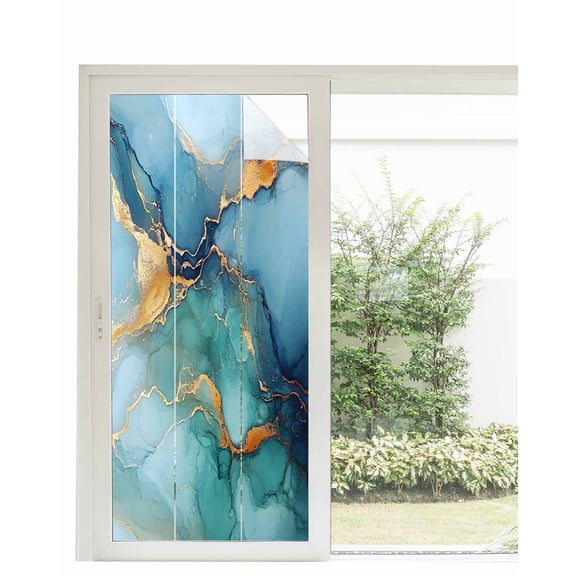 Window Privacy Film Turquoise Blue Stained Glass Window Film Decorative Sun Block Window Cover Modern Teal Gold Marble Textured Window Clings Static Adhesive Sticker for Bathroom 35.4"x78.7"