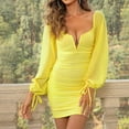 thumbnail image 4 of IROINNID Deals Long Sleeve Dress for Women Wedding Guest Dresses Thigh-Length Cocktail Dress Sexy Dress Sequined Deep V Short Long Sleeve V-Neck Dress,Yellow, 4 of 8