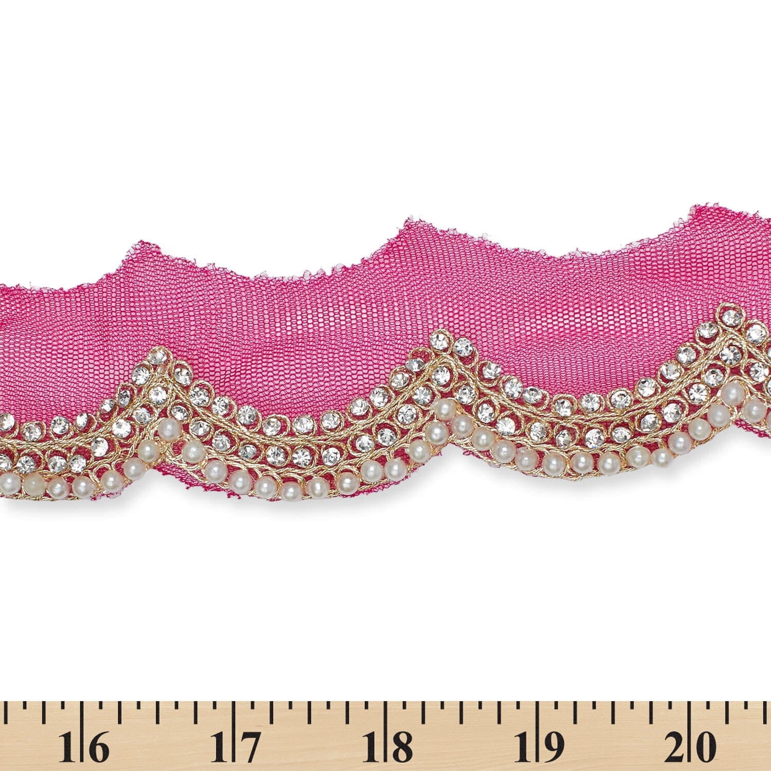 2 Inch Scalloped Regal Rhinestones Beads & Metallic Cording On Polyester Mesh Trim By The Yard For Sewing, Crafts, Decor, Or Upholstery - Fuchsia (1 Yard)