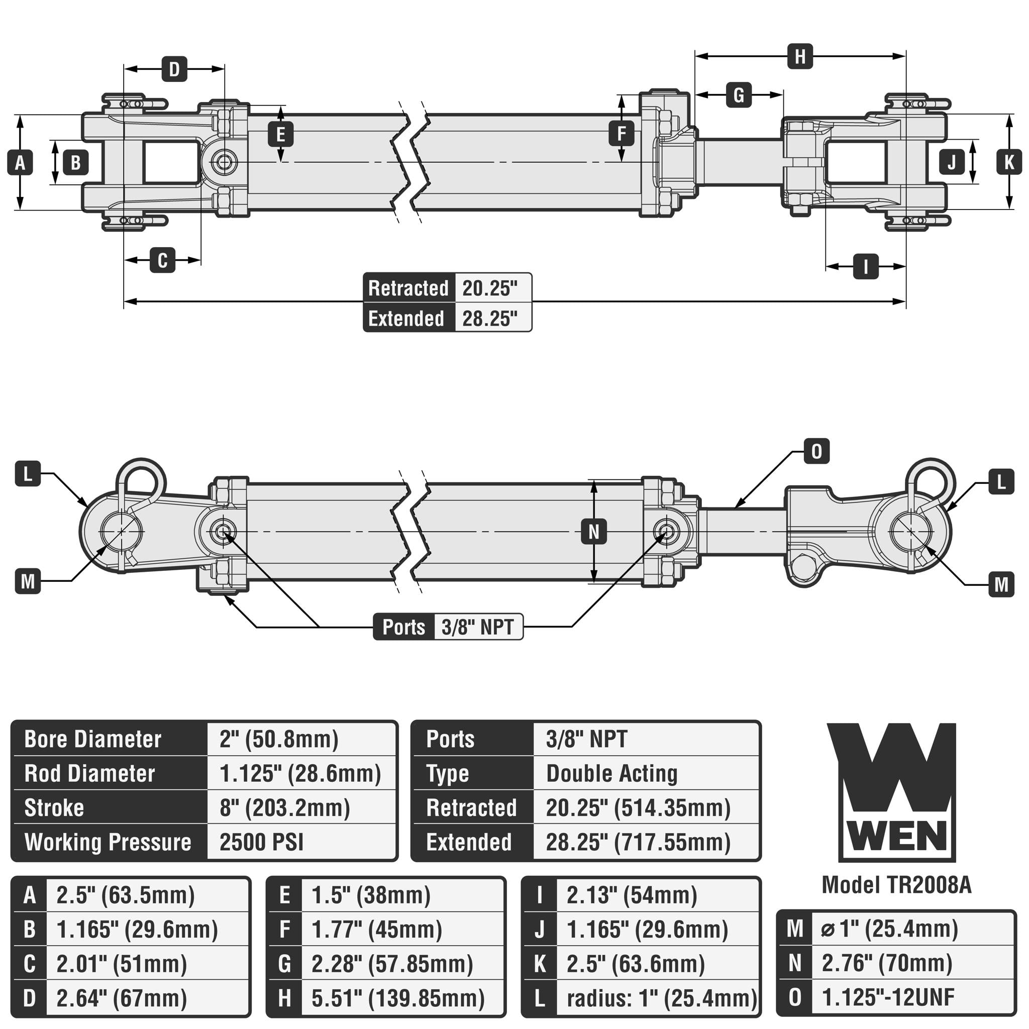 WEN 2500 PSI ASAE Tie Rod Hydraulic Cylinder with 2 in. Bore and 8 in. Stroke (TR-2008A)