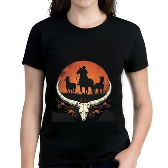Men's Cotton Short Sleeve T-Shirt with Western Graphic Horse Silhouettes & Sunset Design