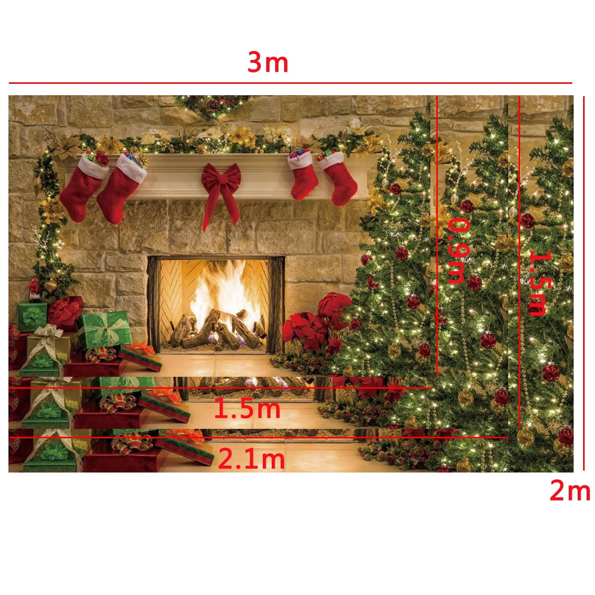 5x3ft//7x5ft//10x7ft Christmas Tree Fireplace Party Decor Photography Background