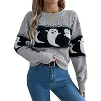 Defitshape Women's Halloween Knit Pullover Sweater Knitted Sweater Warm Spring Crewneck Fashion Loose Fit Drop Shoulder Short Knitwear Ghost Printed Long Sleeve Fall Top Grey X-Large