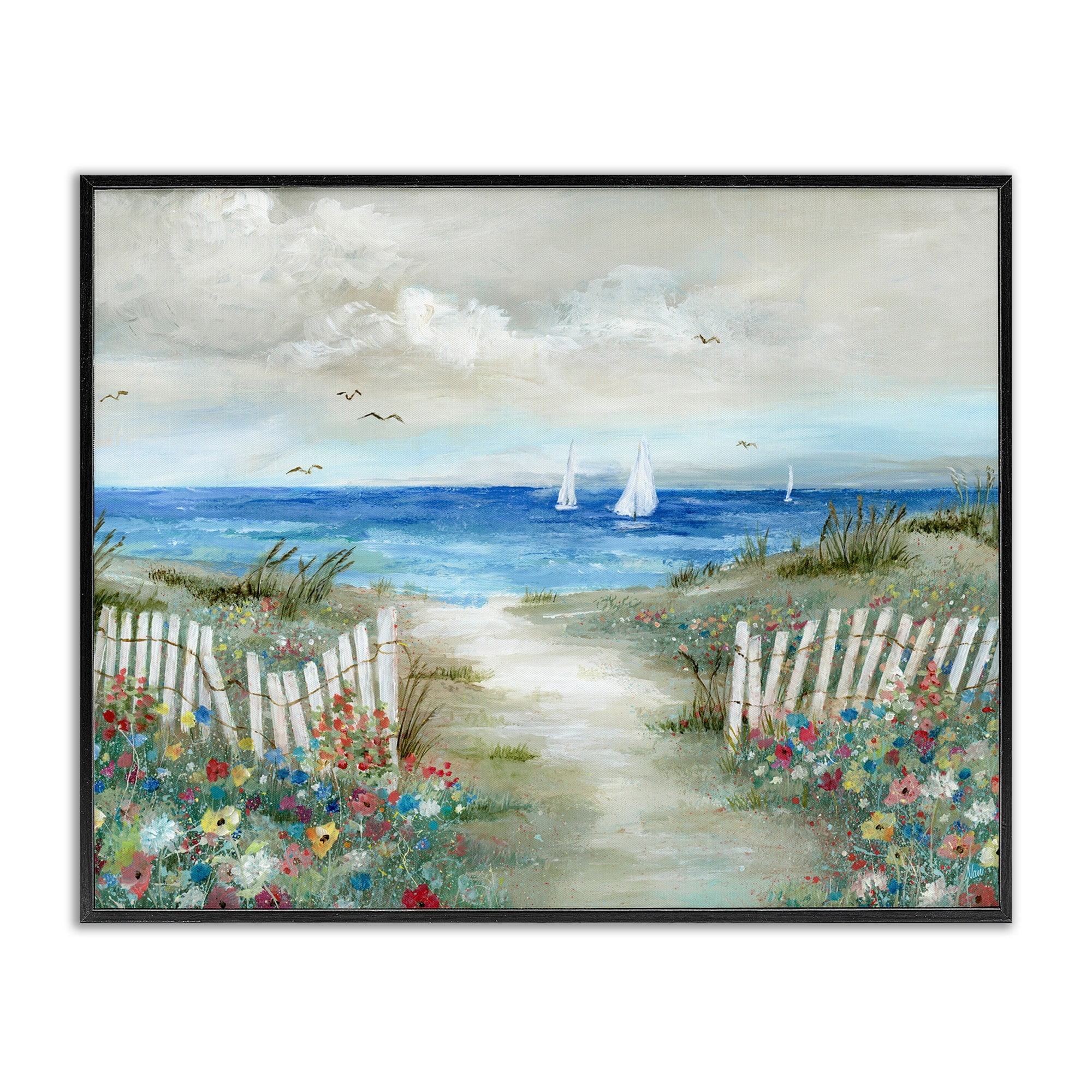 Stupell Industries Gorgeous Beach Scene Poppies Blooming White Fence Ocean Paintings Black Framed Art Print Wall Art, 20x16, by Nan