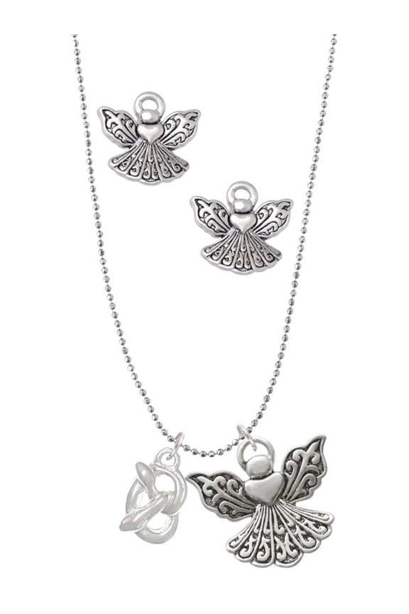Silvertone 3-D Pretzel Silver tone Guardian Angel Charm Necklace and Stud Earrings
