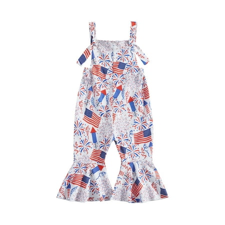 

jaweiwi Kid Toddler Girl 4th of July Romper 6M 12M 18M 24M 2T 3T 4T Independence Day Sleeveless Star Striped Print Long Bell-Bottoms Pants Jumpsuit