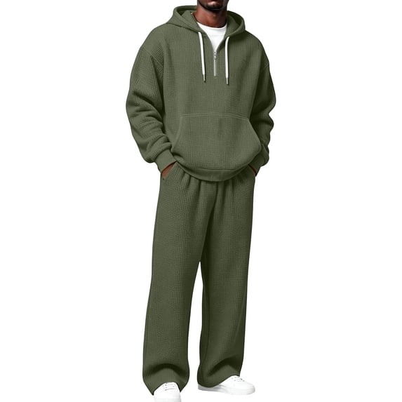 Men's Waffle Tracksuits Hooded Sweatsuits For Men Suits 2 Piece Lightweight Casual Athletic Sports Jogging Sets Army Green L