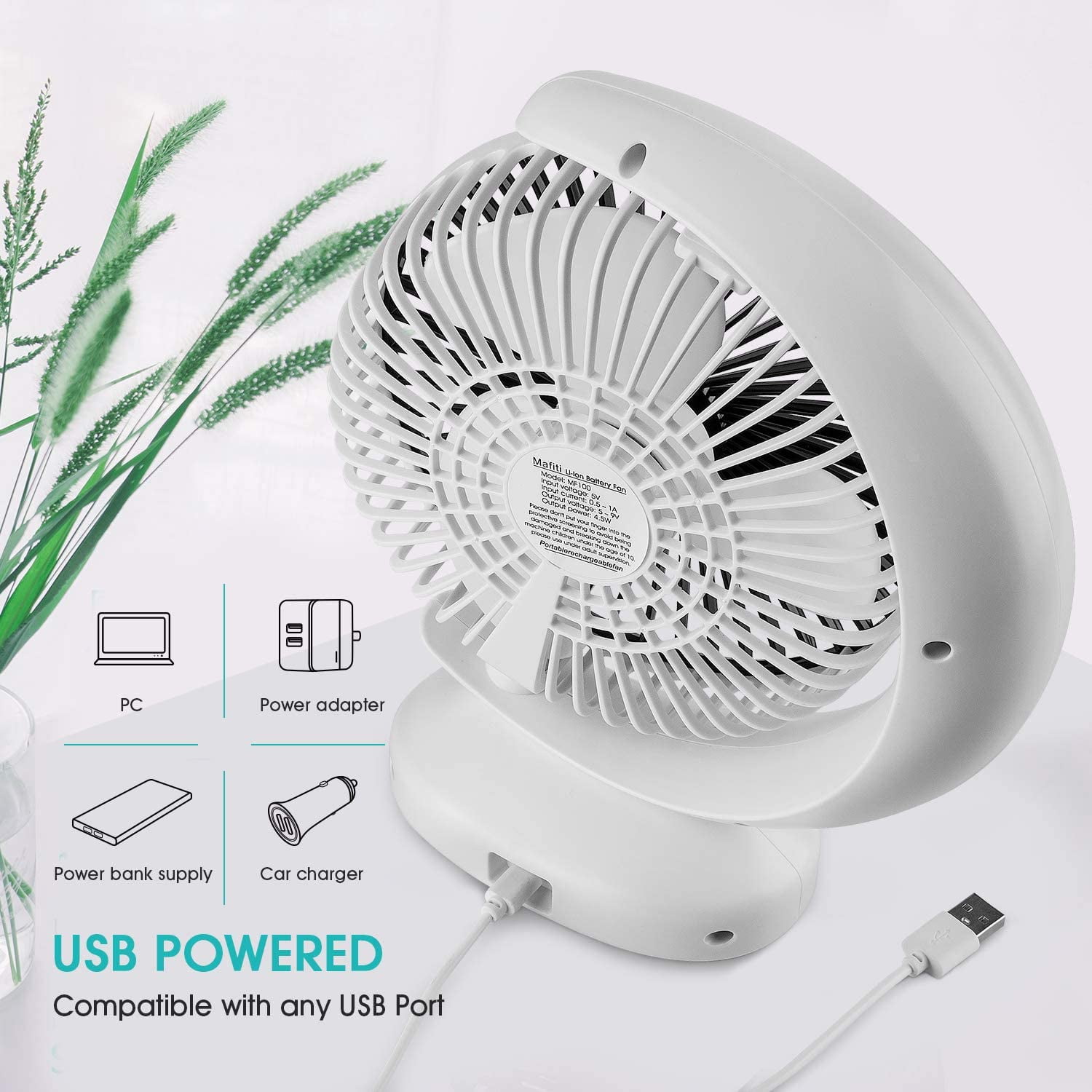 USB Desk Fans 2400mah Battery Rechargeable Table Fan for Bedside Tables Office Home Use 3 Speed mafiti 8-inch Quiet Fans for Bedroom Black 