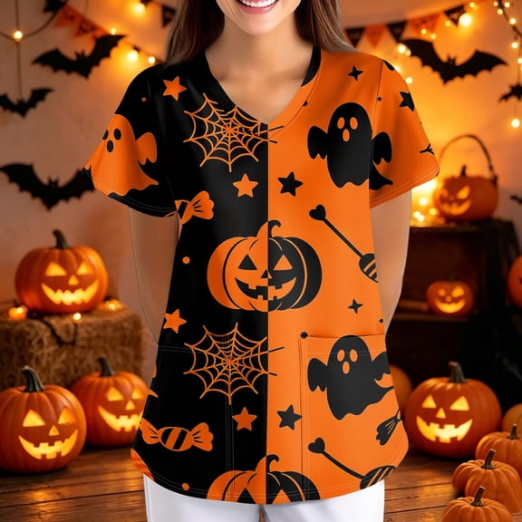 Halloween Womens Scrubs Tops V Neck Plus Size Scrubs Tops Halloween Pumpkin Nurse Scrubs Stretchy Summer Holiday Short Sleeve Trendy Uniform Workwear With Pockets Orange M