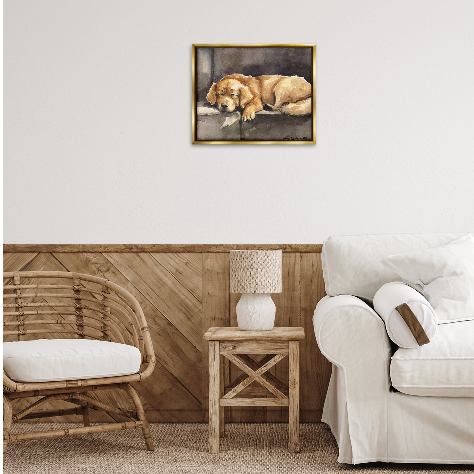 Stupell Industries Sleeping Golden Retriever Animals Painting Gold Floater Framed Canvas Art Print Wall Art, 21 x 17