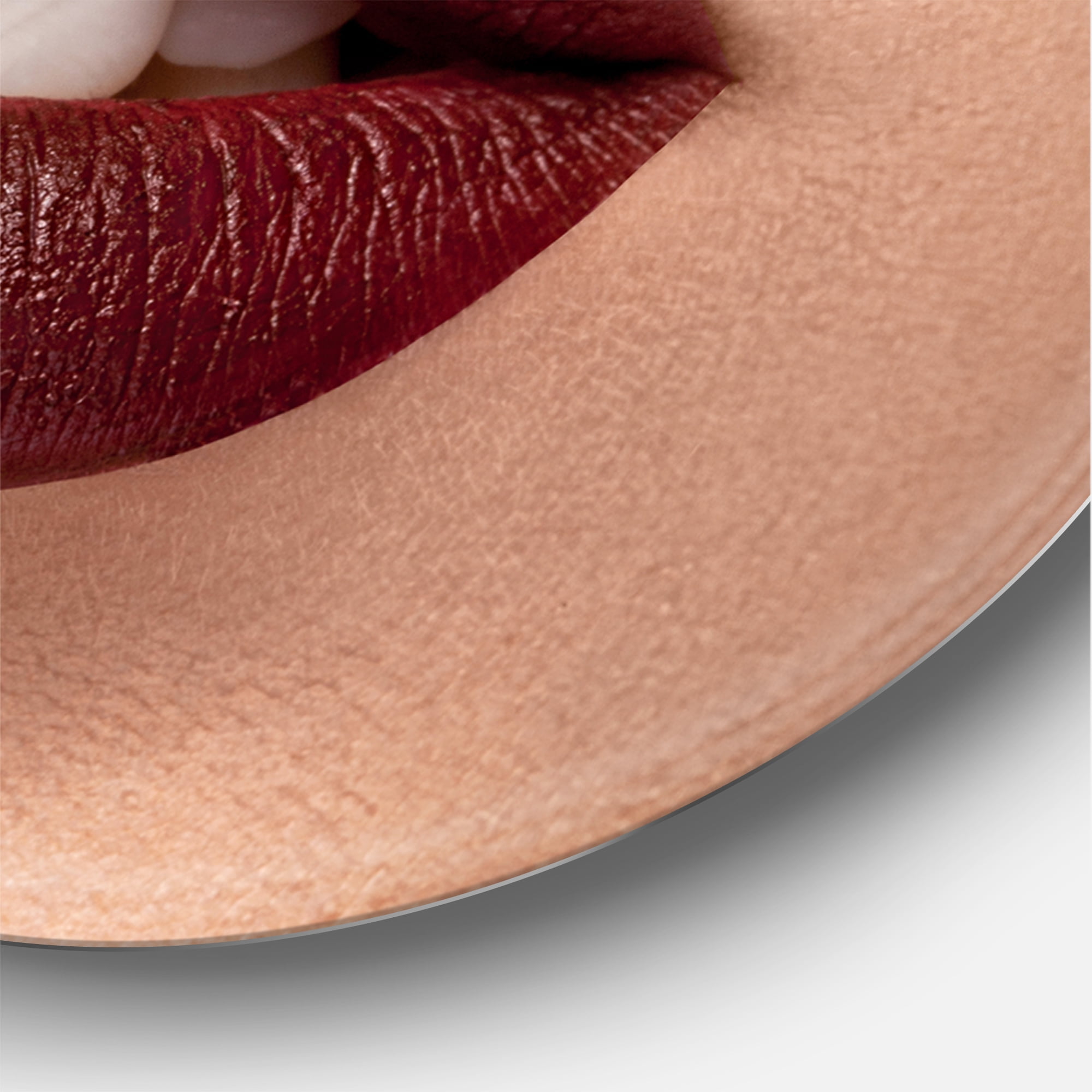 Designart 'Red Lipstick Getting Applyed On Woman Lips' Modern Circle Metal Wall Art 29x29 - Disc of 29
