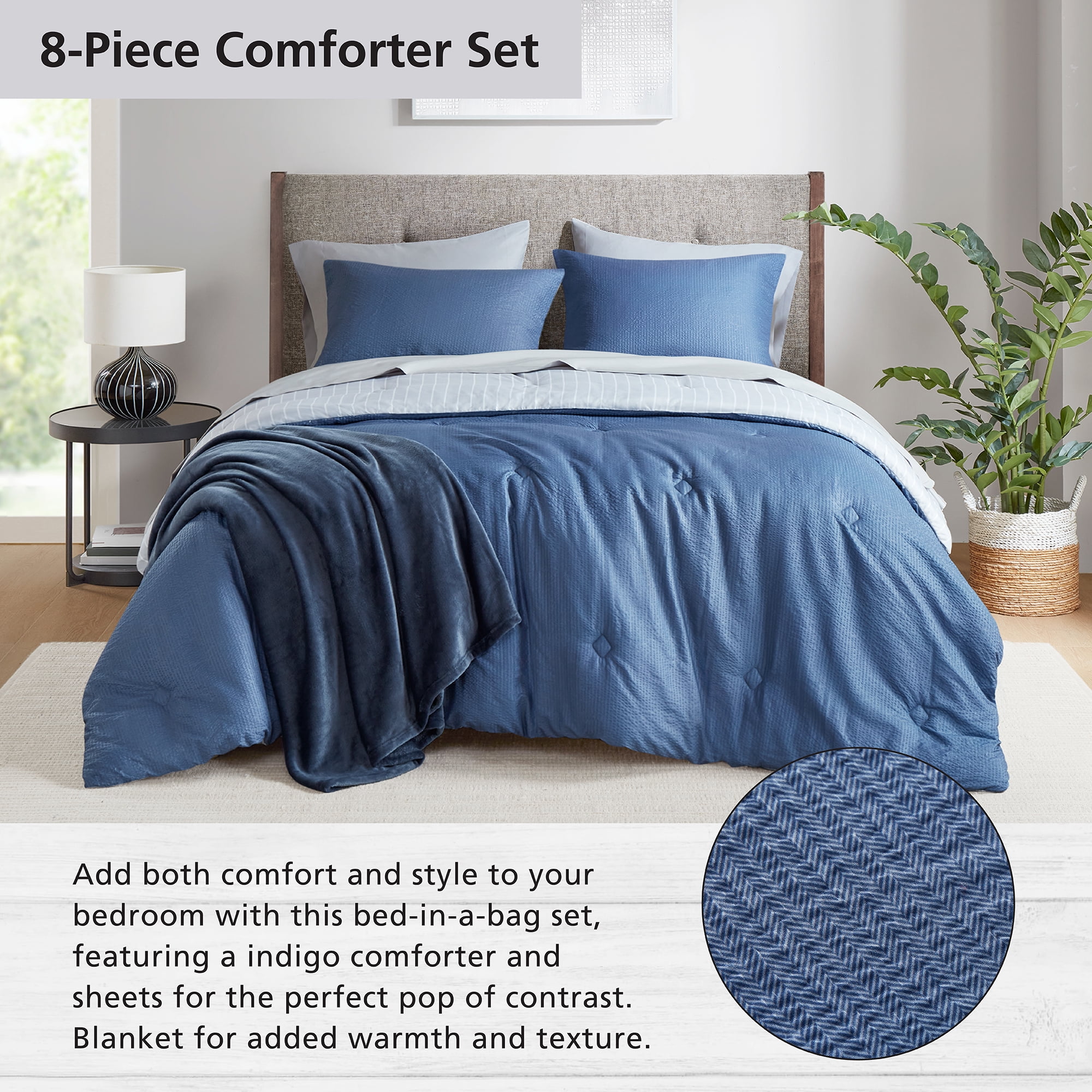Mainstays 8-Piece Bed in a Bag Comforter Set with Sheets and Blanket, Indigo, King