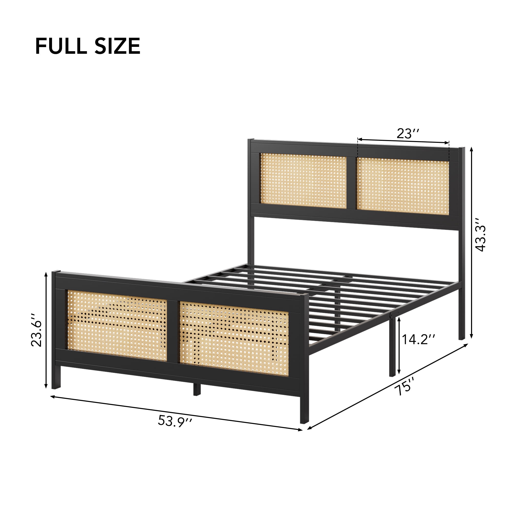 Full Size Rattan Bed Frame, Boho Cane Platform Bed Frame, Modern Style with Headboard & Strong Metal Slat, No Box Spring Needed for Bed Room, Black