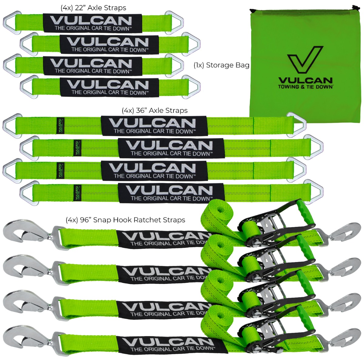 VULCAN Complete Axle Strap Tie Down Kit with Snap Hook Ratchet Straps  High-Viz Includes (4) 22 Inch Axle Straps, (4) 36 Inch Axle Straps, and  (4) 8' Snap Hook Ratchet Straps