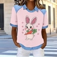 thumbnail image 2 of Easter Day Shirts for Women Denim Patchwork Eggs Rabbit Print Plus Size Short Sleeve T-shirt Holiday Tops (XL, Pink), 2 of 6