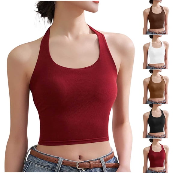 Agkizg Halters Neck Bandeau Cami Top,Built-in Bra Pad Seamless Top,One-Piece Back Beauty Layering Camisole for Casual Everyday Wear (Women's or Women's Plus)