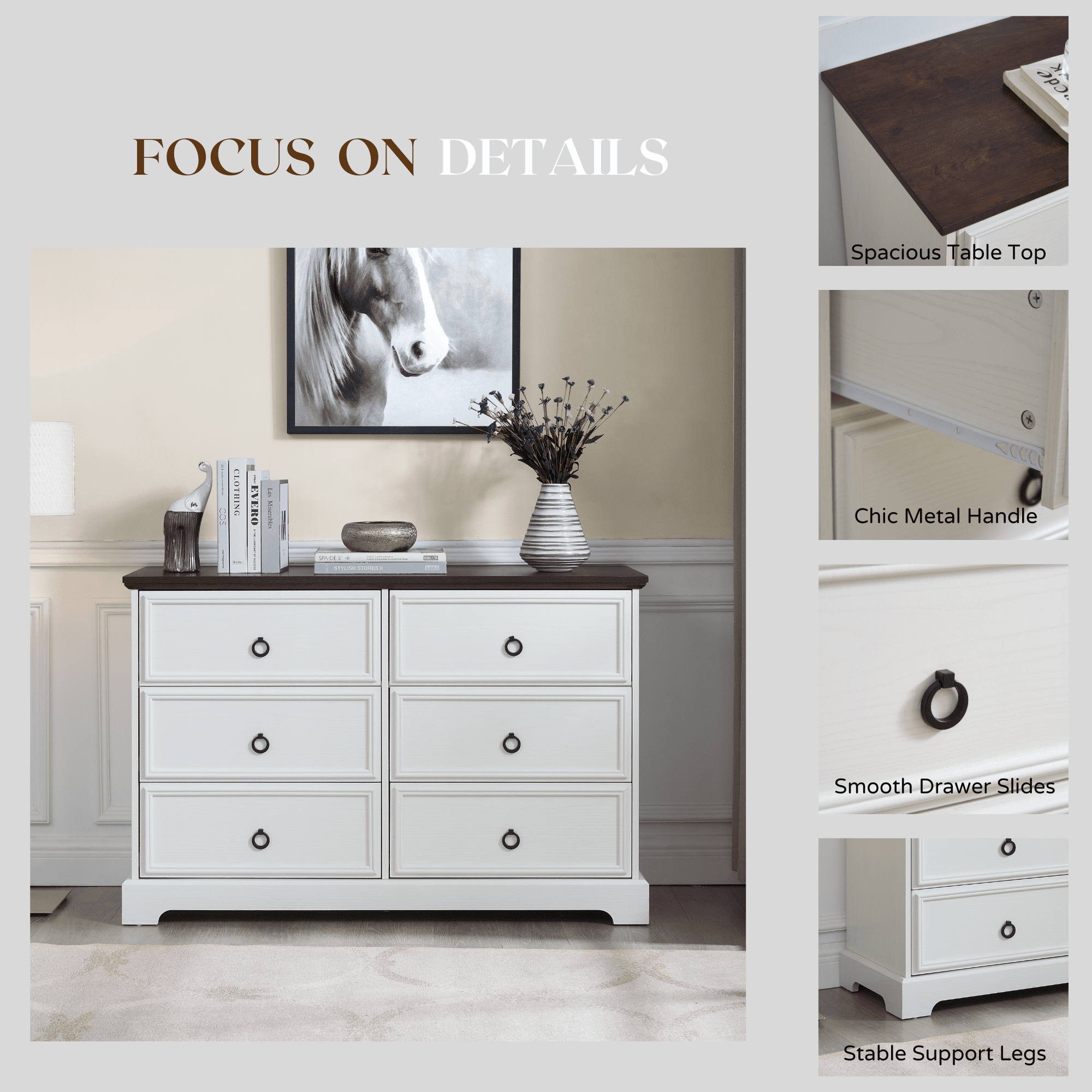 TrumanPick 6 Drawer Double White Dresser for Bedroom Farmhouse Wood Chest of Drawers for Living Room Entryway 47"L x 16"D x x 32"H