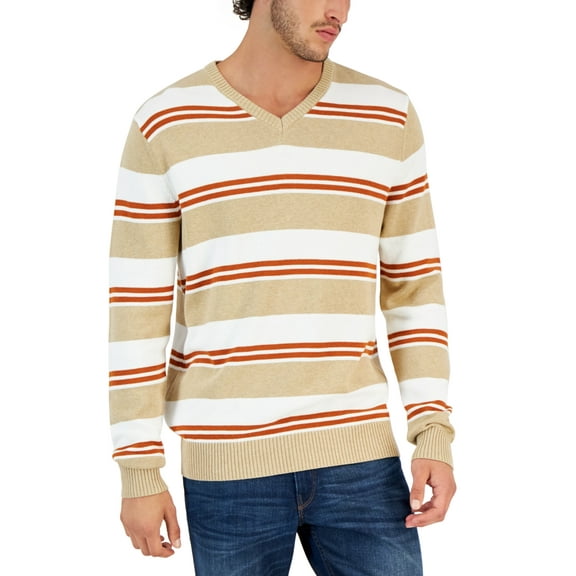 Club Room Mens Striped V Neck Sweater Winter Ivory M