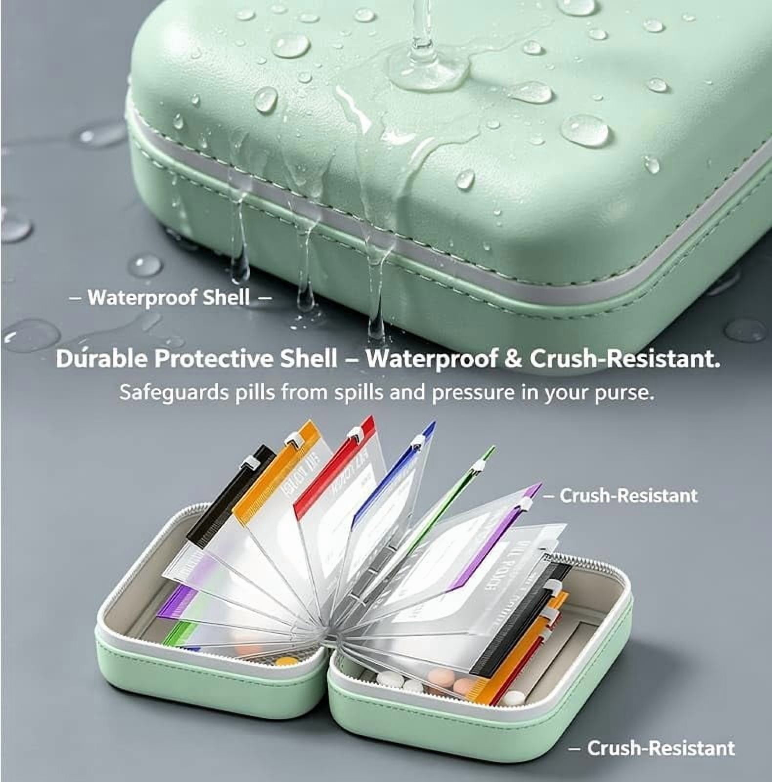 Waterproof Pill Pouch Set-14pcs Bags Inside,A8 Waterproof Pill Organizer Set,7 to 14 Days of Meds & Medicine Crush-Resistant Shell (Green)