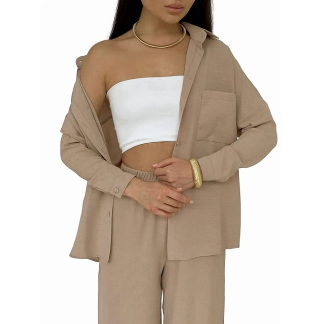 Conjuntos de 2 Piezas para Mujer: Conjuntos Casuales de Salón, Camisas de Larga con Botones y Pantalones de Pierna Camello XL