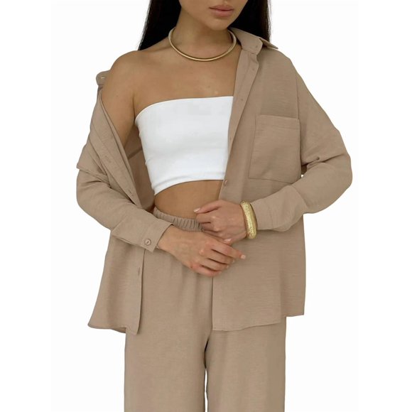 Conjuntos de 2 Piezas para Mujer: Conjuntos Casuales de Salón, Camisas de Larga con Botones y Pantalones de Pierna Camello S