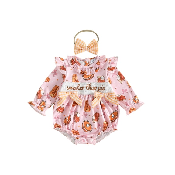 Cjfdfy Newborn Baby Girl Thanksgiving Fall Outfits Sweetie Pie Embroidery Long Sleeve Bubble Romper With Bow Headband Infant Cute My First Thanksgiving Fall Winter Outfit