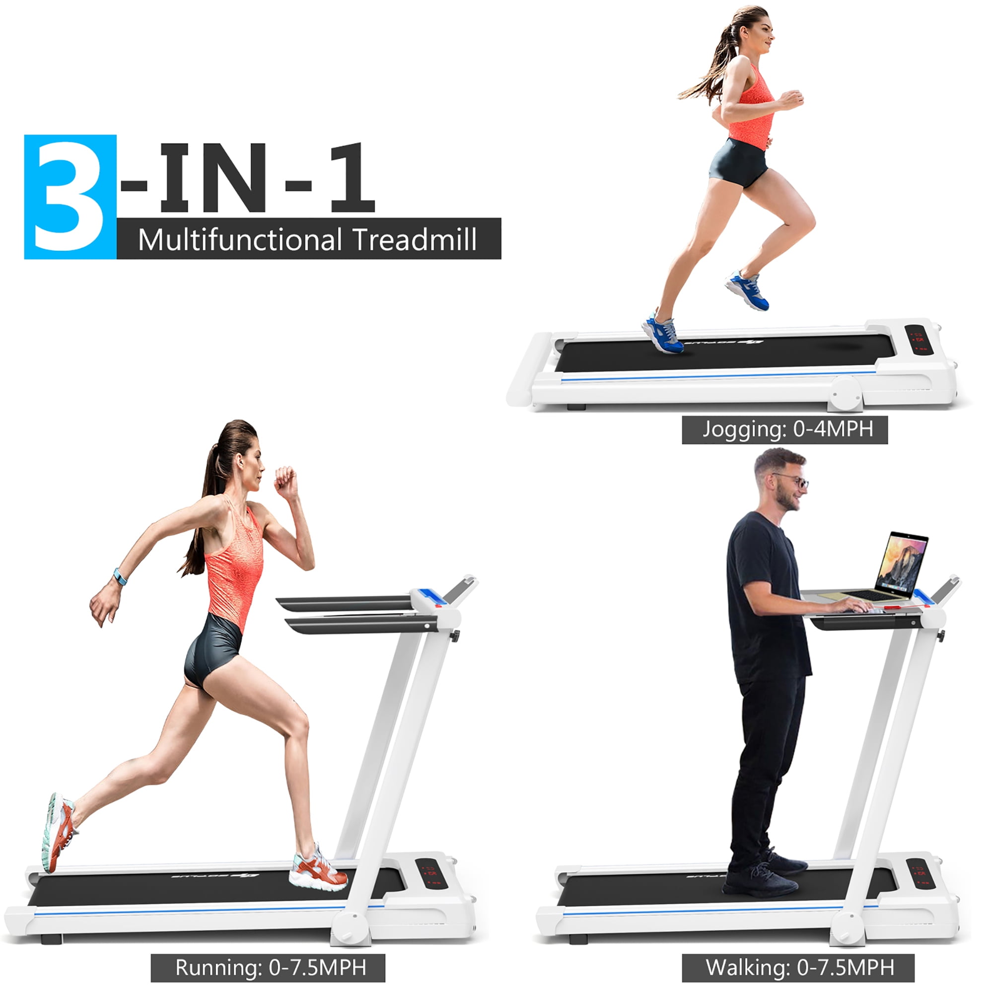 Goplus 2.25HP 3 in 1 Folding Treadmill W Table Speaker Remote Home Office White