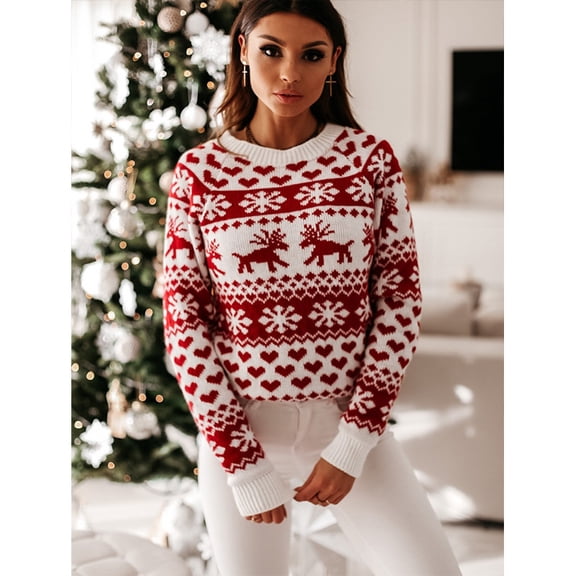 Yesfashion Women's Ugly Christmas Sweaters Snowflake Reindeer Long Sleeve Knit Xmas Sweater Pullover Tops