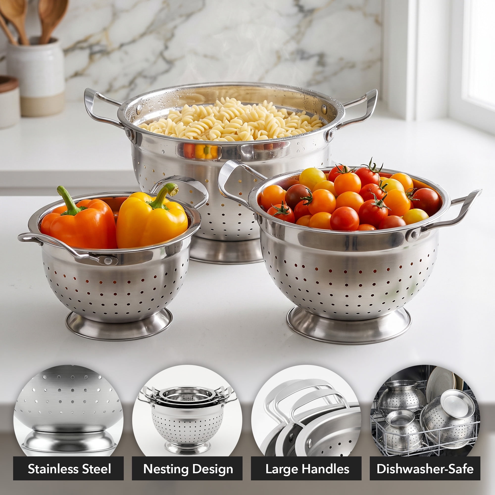 OVENTE Premium Stainless Steel Colander Set of 3, Silver C46263S