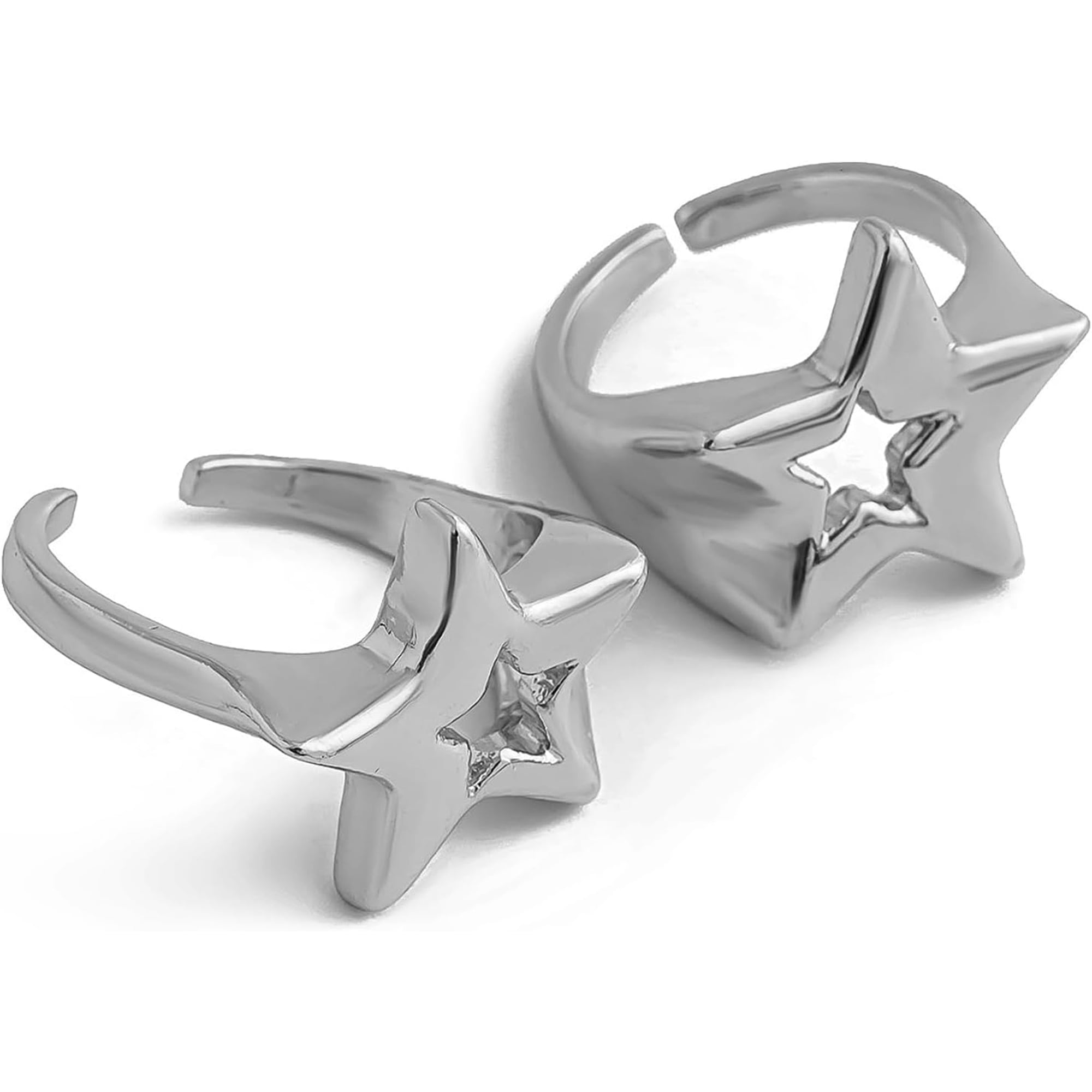 Silver Hollowed Star Knuckle Joint Rings, Shiny High Polished Stainless Steel Pentagram Lucky Promise Ring, Trendy Punk Hip-Hop Jewelry for Women
