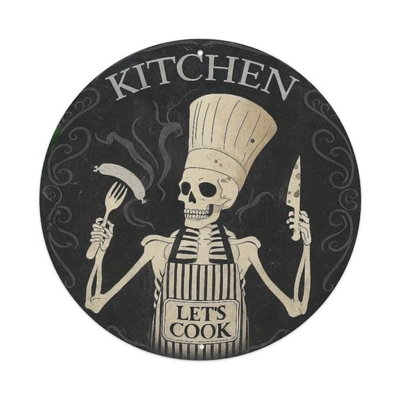 Funny Chef Skeleton Kitchen Round Tin Sign Vintage Metal Poster Living Room Bar Man Cave Home Wall Art Decor 8x8inch