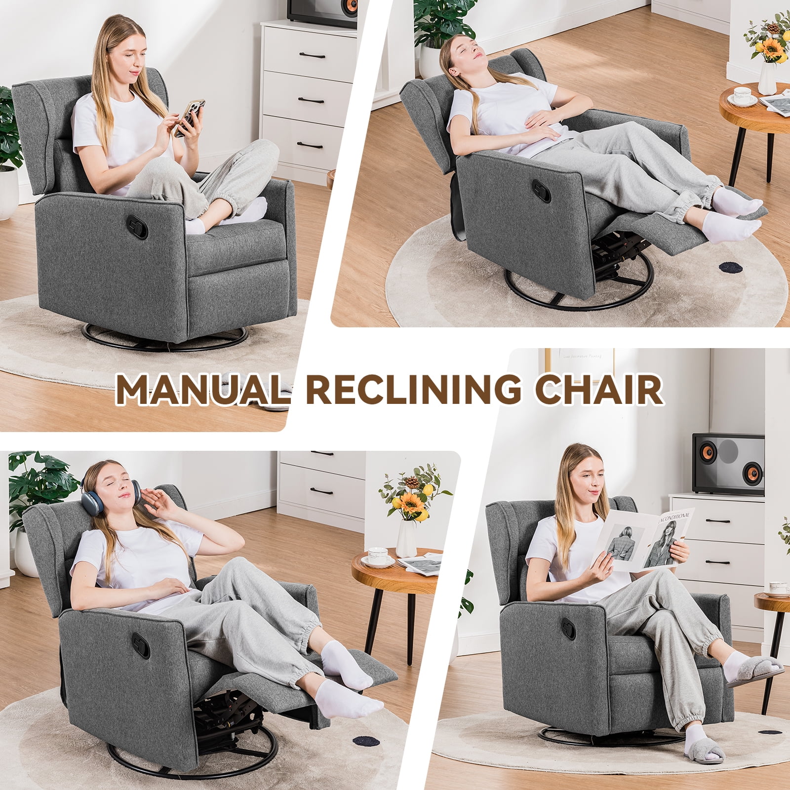 COMHOMA Swivel Rocker Recliner Chair, Fabric Swivel Glider Reclining Single Sofa for Living Room, Gray
