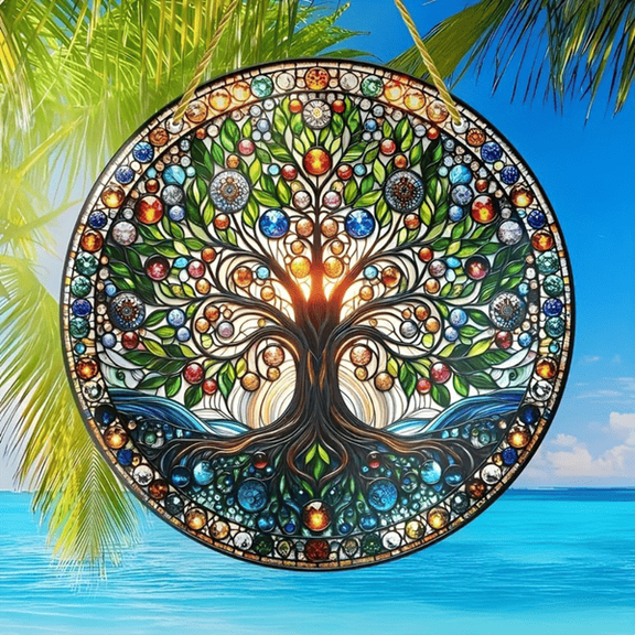 Colorful Tree of Life Acrylic Suncatcher Wall Art, Stained Glass Style Hanging Window Decoration, Indoor Outdoor Home Decor with Smooth Edges, Decorative Sun Catcher for Living Room, Garden, Housewar